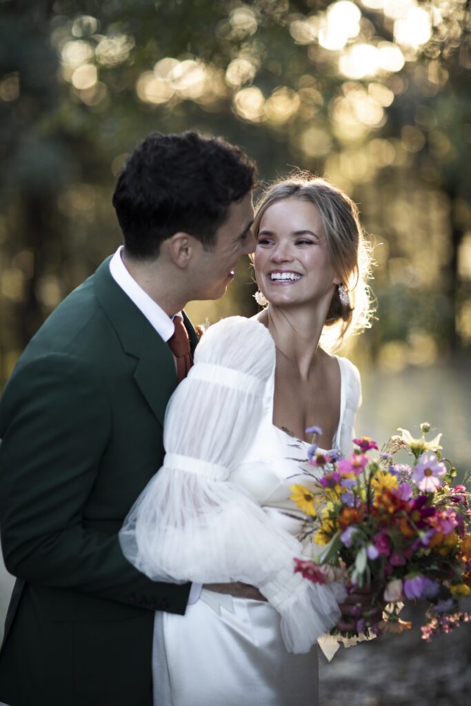 Janie and Matt smile after wedding in Tuscany
